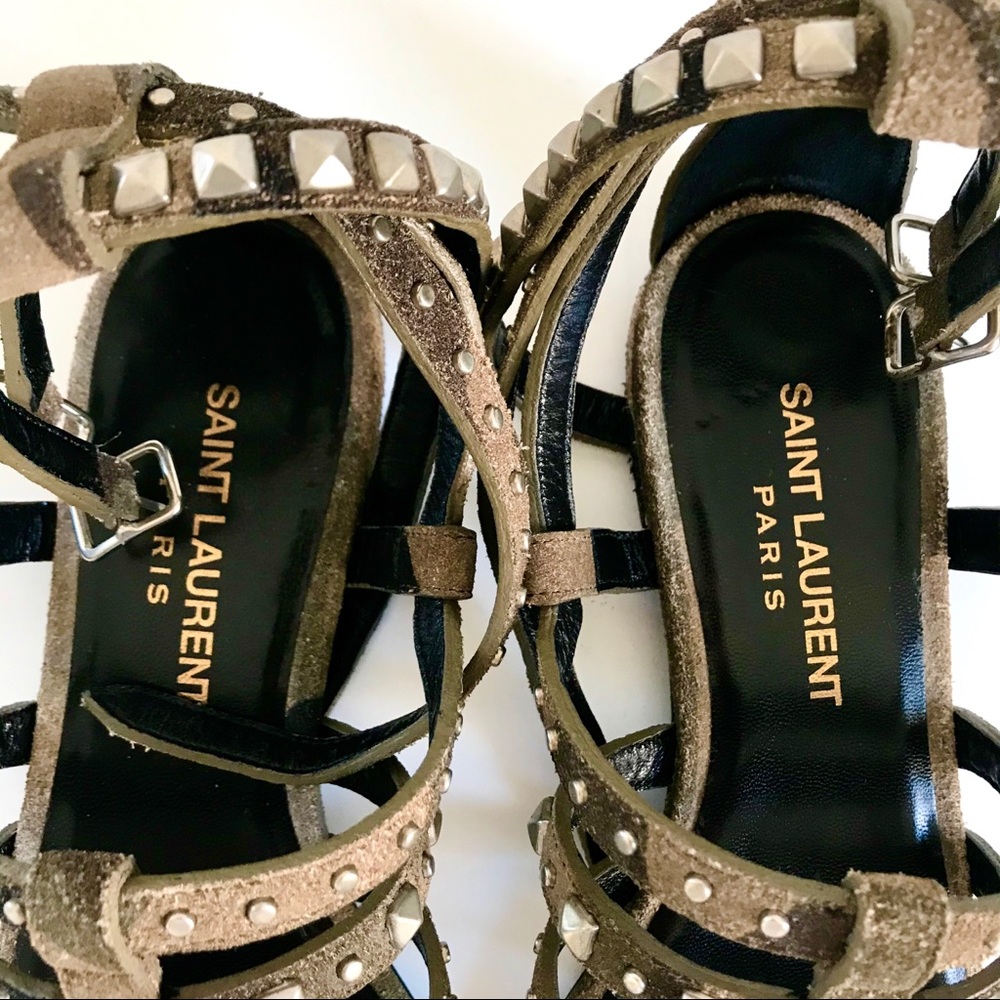 NEW YEAR SALE! NWT SAINT LAURENT RUGGED SUEDE CAMOUFLAGE SILVER STUDDED SANDAL - Picture 9 of 14